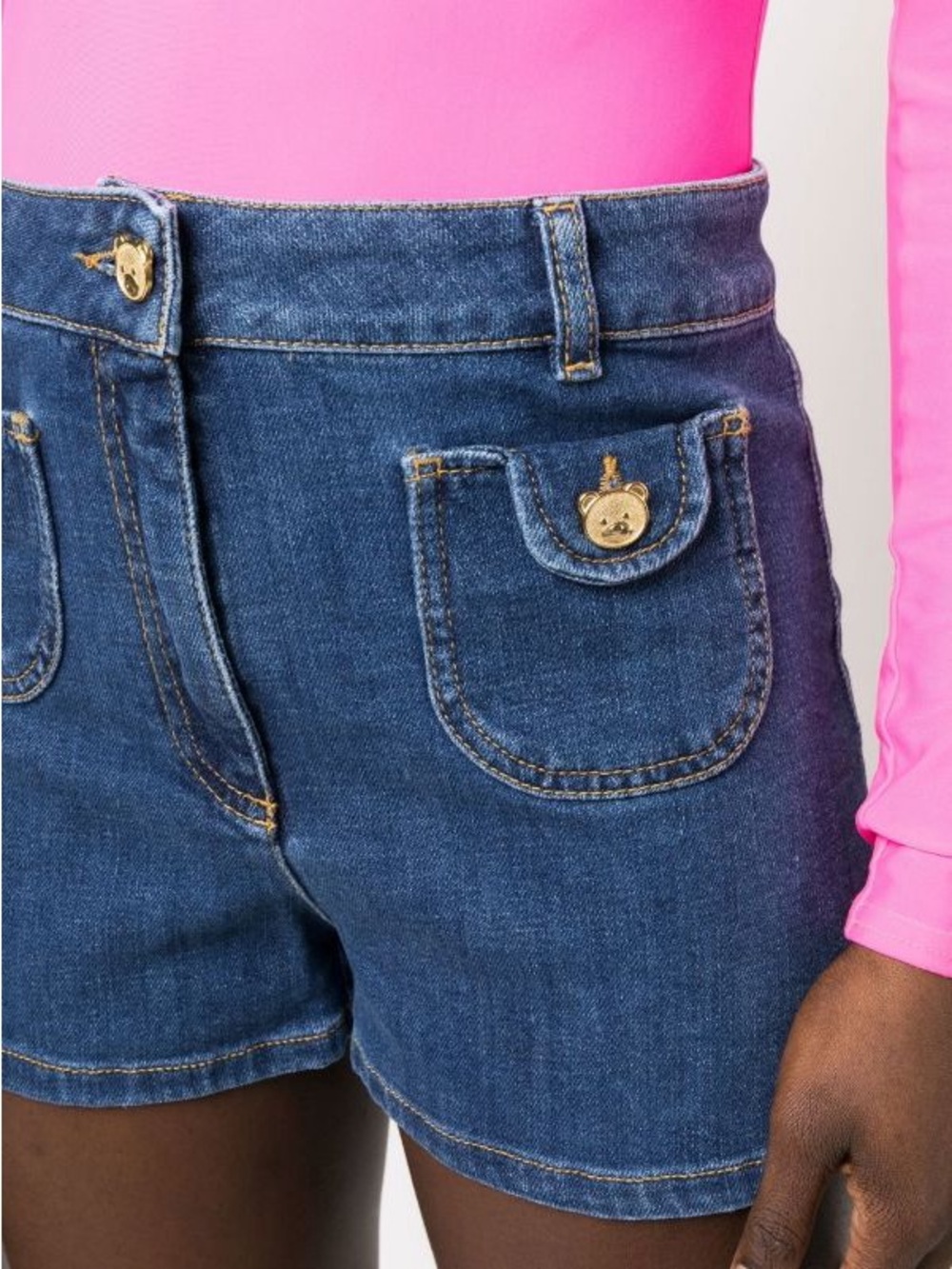Moschino High-Rise Denim Shorts with Gold Teddy Bear Buttons